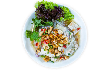 Top view of Spicy Glass Noodle Vietnamese Sausage Salad, focus selective