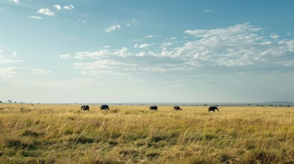 Obraz premium A group of elephants or giraffes grazing in the open savanna, with tall grasses and a distant horizon.