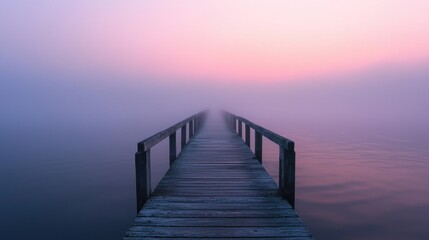 Fototapeta premium Serene wooden pier shrouded in morning fog