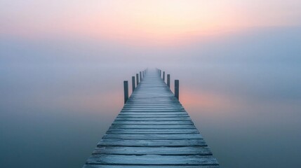 Fototapeta premium Serene wooden pier extending into a misty dawn
