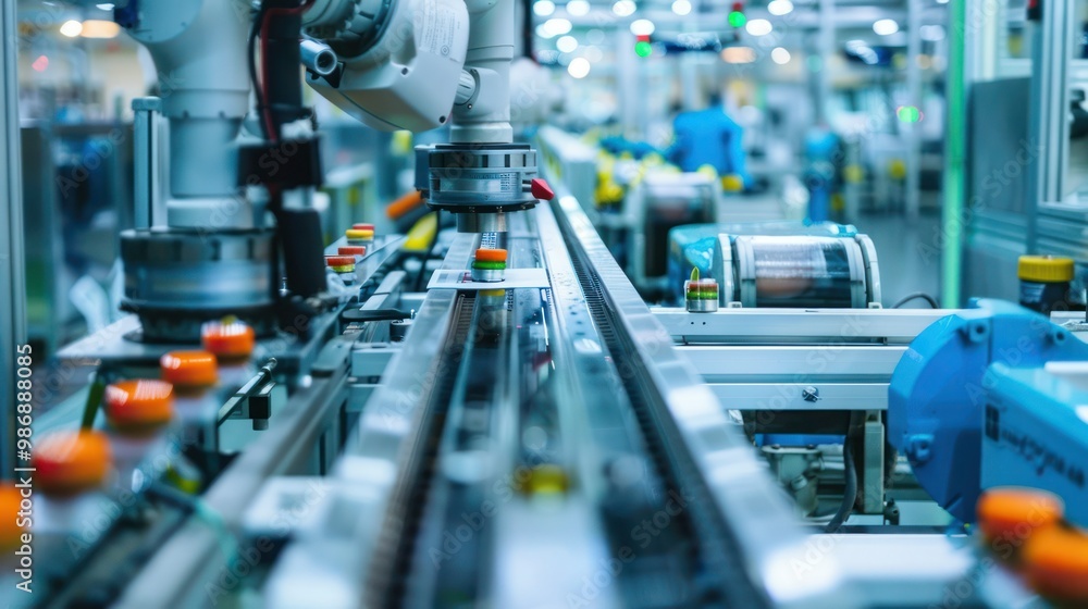 Aufkleber a high-tech food production line with robots and automated systems packaging food items efficiently.