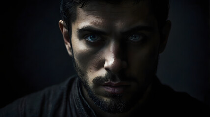 Fototapeta premium Title suggestion for the image: Handsome bearded man with a serious expression, looking confident in a close-up portrait against a dark background