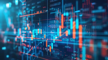 Futuristic digital display with charts and data for representing dynamic world of finance trading investment analysis economic trends and real-time market information concept.