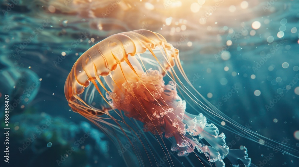 Poster a mesmerizing view of a jellyfish with its tentacles flowing, illuminated by the sunlight filtering 