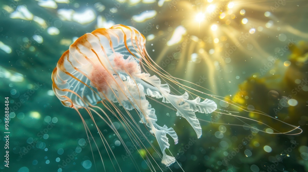 Poster a mesmerizing view of a jellyfish with its tentacles flowing, illuminated by the sunlight filtering 