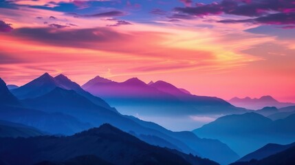 A majestic mountain range silhouetted against the colorful sky at dusk, with shades of pink, orange, and purple blending together as the sun sets behind the peaks.