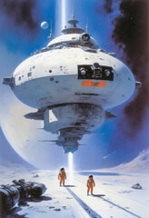 Obraz premium 宇宙船が星に着陸して乗組員が地表に降り立った,AI画像,Generative AI