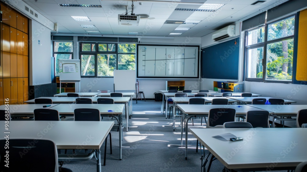 Poster a modern classroom equipped with an interactive whiteboard and digital learning tools, engaging stud