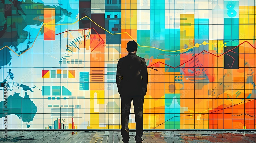 Poster businessman stands in front of a large screen filled with data charts and graphs, analyzing trends a