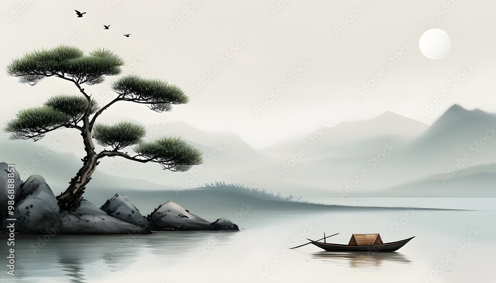 Wall mural serene chinese ink mountain landscape in zen decorative style for wallpaper art