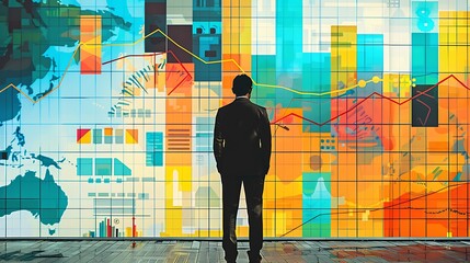Businessman stands in front of large screen with data charts and graphs for analyzing trends and insights future strategy planning business success concept.