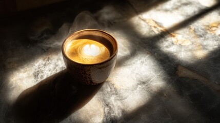 A macchiato in a ceramic cup, light hitting from above casting strong shadows on a dark marble surface, enhancing the steam and contrast of the scene