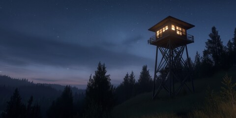 A wooden watchtower illuminated at night, standing tall among surrounding trees with a starry sky backdrop.