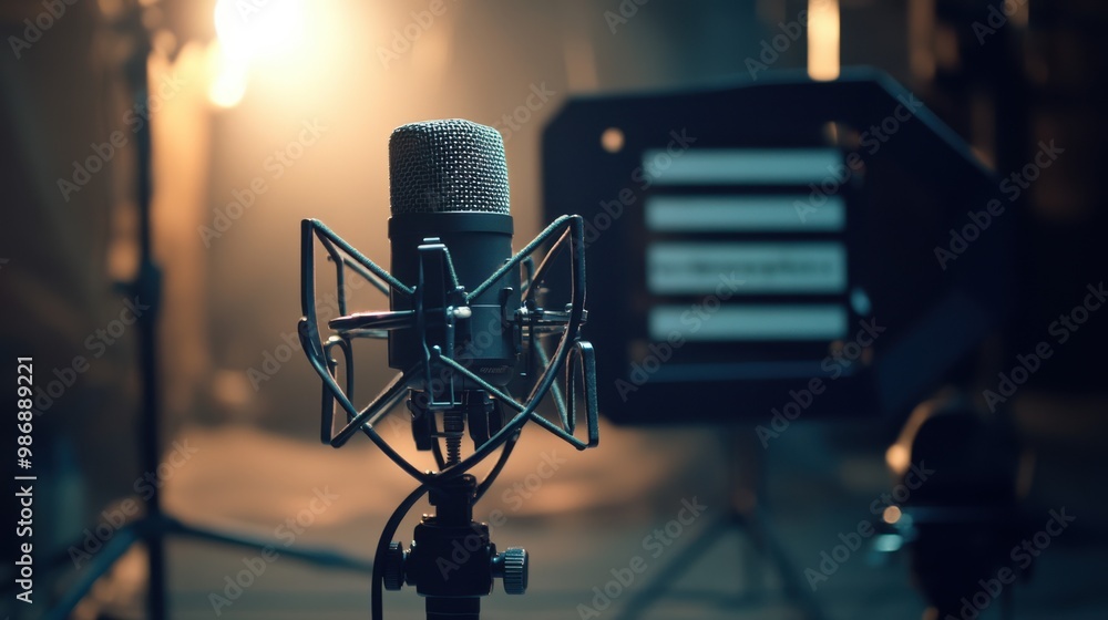 Poster a minimalist image of a shotgun microphone mounted on a boom pole, positioned for capturing sound on