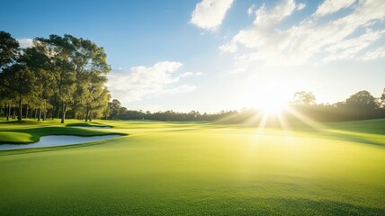 A stunning sunrise over a lush green golf course, capturing the tranquility and beauty of early morning nature.