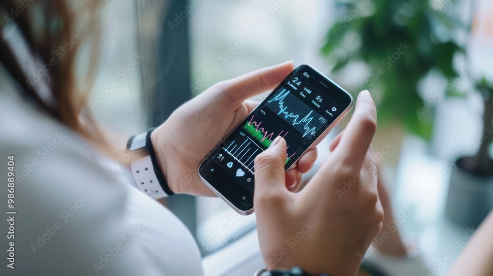 Poster a person using a mobile app to monitor their health metrics, such as heart rate and activity levels.