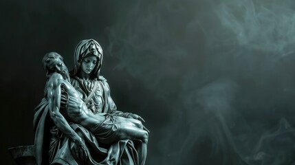 Obraz premium A poignant depiction of the PietÃ&nbsp;, with the Virgin Mary cradling the body of the crucified Jesus in her lap, set against a dark, somber background.