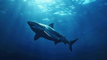 A powerful shark swimming in the deep ocean, with a sense of mystery and awe in the vast blue surroundings.