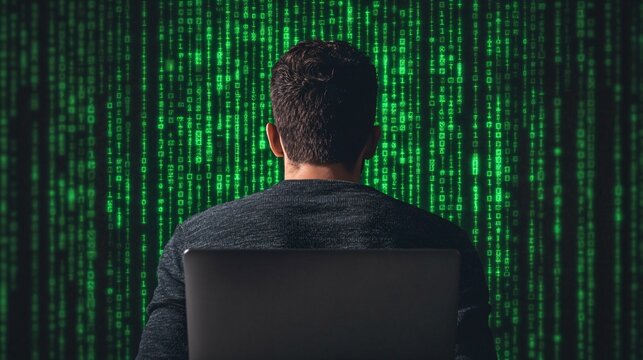 Developer writing HTML code with a green matrix-style background, hacker-like aesthetic, advanced coding scene.