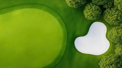 Aerial view of a lush green golf course featuring a unique heart-shaped sand bunker surrounded by vibrant trees.