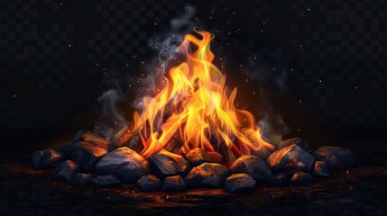 A roaring campfire with bright orange and yellow flames dancing against a dark night background, isolated on a transparent PNG.