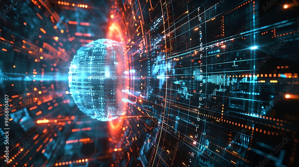 Poster digital sphere composed of data and code floats in a futuristic cyberspace network.