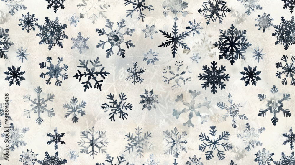 Poster a seamless pattern of various snowflake designs, perfect for winter backgrounds and textiles.
