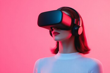 VR headset user interacting with a 3D website model, futuristic web development concept, immersive digital experience.