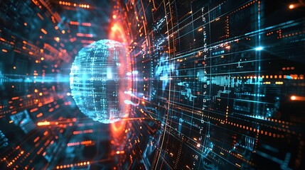 Digital sphere composed of data and code floats in a futuristic cyberspace network.