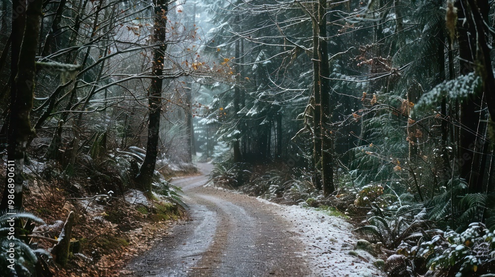 Poster a serene forest path with trees covered in snow and light rain adding a glistening effect.