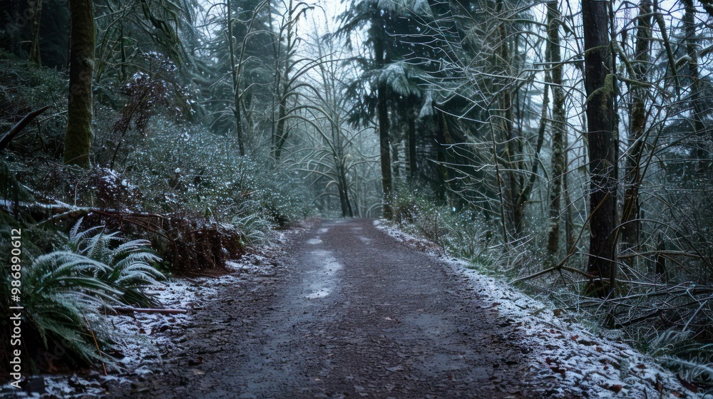 Poster a serene forest path with trees covered in snow and light rain adding a glistening effect.