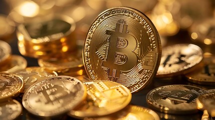 Close-up of golden bitcoin cryptocurrency coins, symbolizing digital finance and the future of money.