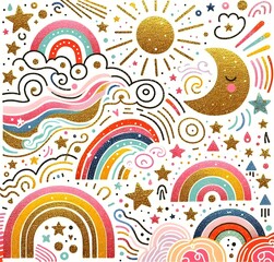 Cielos Mágiestrellas, arcoíris, luna, sol, nubes, cometas, brillo, dorado, glitter, cielo, fantasía, resplandor, sueños, universo, colorido, magia, arte, ilustración, ensueño,cos y Arcoíris Brillantes