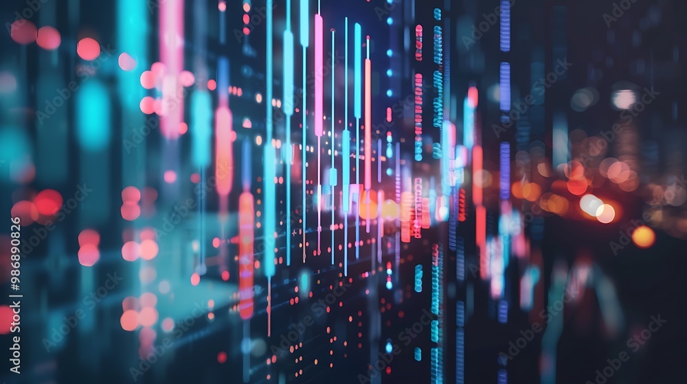 Poster vibrant and abstract data visualization featuring neon lines and bars, suggesting a dynamic and comp