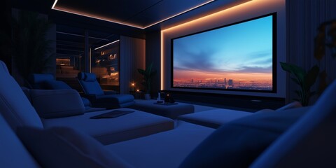 A luxurious home theater setup with plush seating and a large screen, offering stunning cityscape views through large windows.