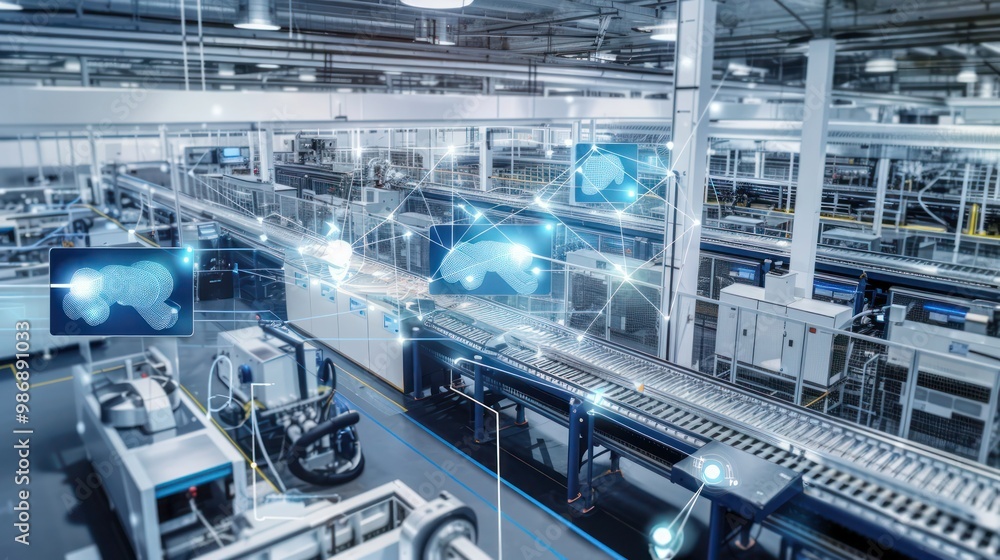 Aufkleber a smart factory with interconnected machines and sensors, optimizing production through real-time da