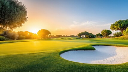 Naklejka premium Scenic view of a golf course at sunset, featuring green grass, trees, and a sand trap under a vibrant sky.