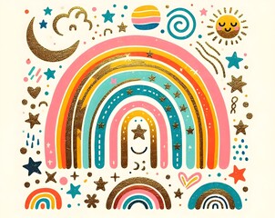 Fototapeta premium Cielos Mágiestrellas, arcoíris, luna, sol, nubes, cometas, brillo, dorado, glitter, cielo, fantasía, resplandor, sueños, universo, colorido, magia, arte, ilustración, ensueño,cos y Arcoíris Brillantes