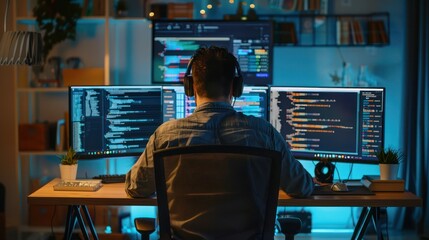 A software developer working on code at their desk, with multiple monitors displaying programming languages.