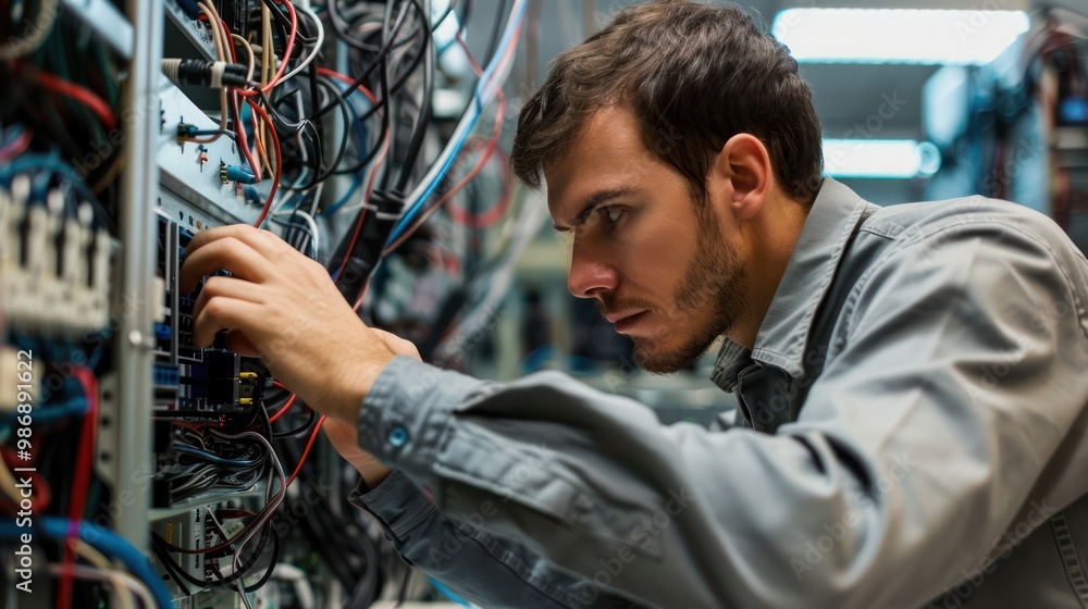 Poster a tech support specialist troubleshooting network issues, with cables and networking equipment in th