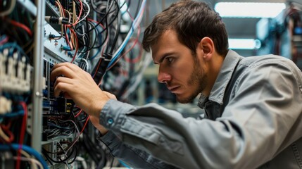 A tech support specialist troubleshooting network issues, with cables and networking equipment in the background.