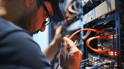 A tech support specialist troubleshooting network issues, with cables and networking equipment in the background.