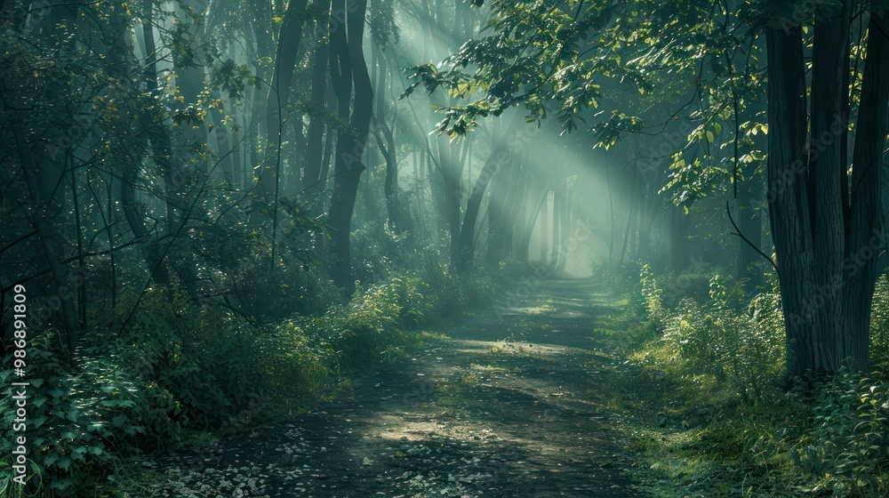 Poster a tranquil forest path bathed in the soft, dim light of dusk, with trees casting intricate shadows a