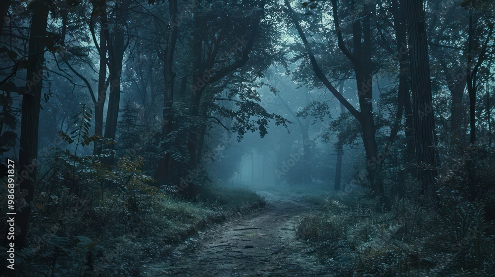 Poster a tranquil forest path bathed in the soft, dim light of dusk, with trees casting intricate shadows a