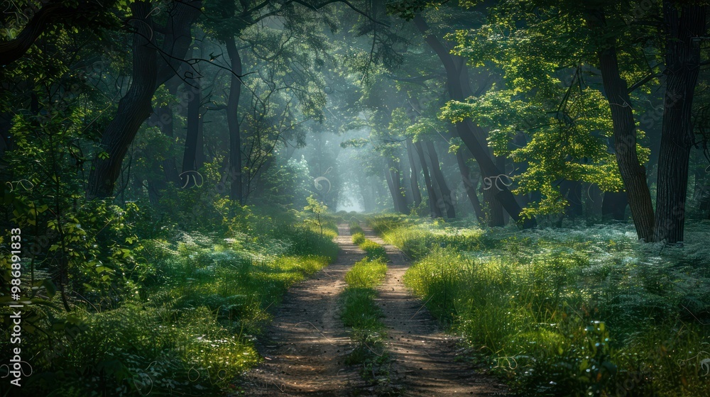 Poster a tranquil forest path bathed in the soft, dim light of dusk, with trees casting intricate shadows a