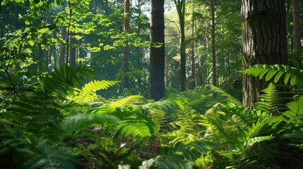 A variety of foliage types, from ferns and shrubs to tall trees, creating a rich and diverse forest floor.