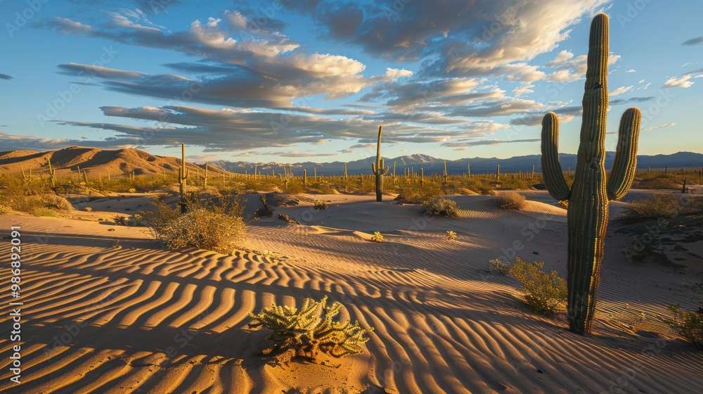 Poster a vast desert with sand dunes and a few cacti, illuminated by the fading light of dusk, casting long