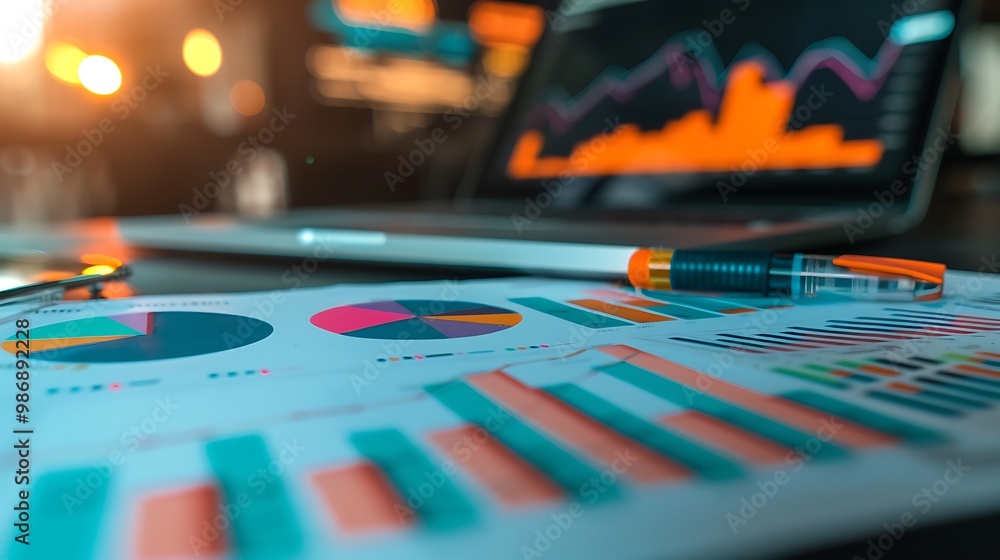 Poster close-up of a desk with financial reports, charts and graphs, and a laptop, representing data analys