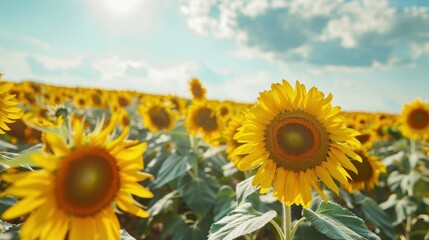 Obraz premium A vast field of blooming sunflowers under a bright summer sky, capturing the essence of the season.