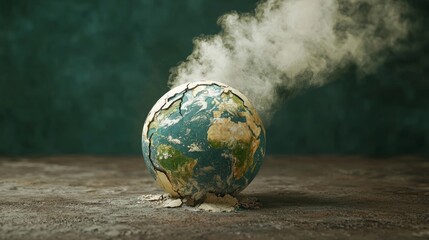 Global Warming Crisis: 3D Model of Cracked Earth Globe with Rising Steam - Climate Change Concept